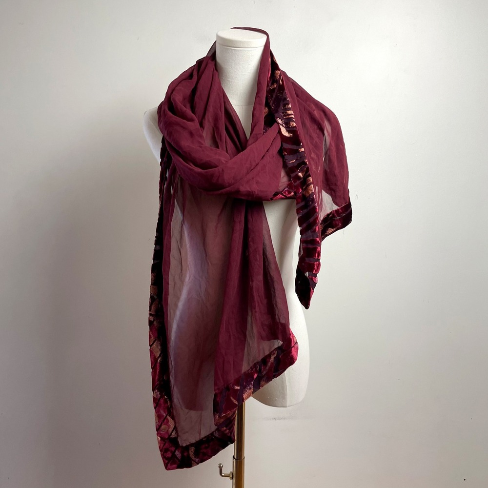 Burgundy Whimsigoth Scarf Velvet Burnout Trim Sheer Chiffon Shawl Jewel Tone